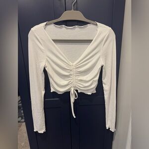 White Ruched Adjustable Ribbed Long Sleeve Top